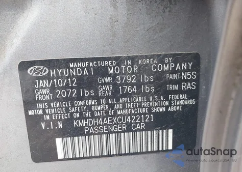 2012 Hyundai Elantra Gls (Ulsan Plant) from USA, damaged, VIN KMHDH4AEXCU422121